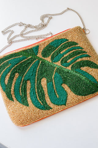 Green Leaf Beaded Clutch Handbag