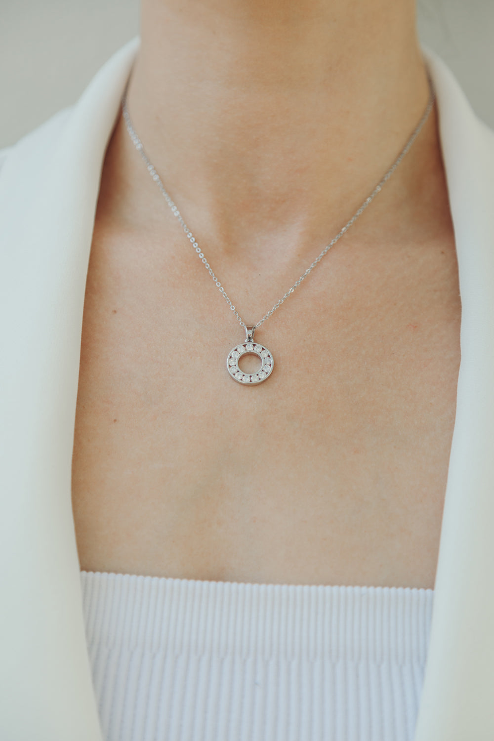 Diamanté Circle Pendant Silver Necklace