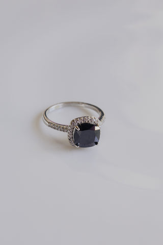 Black Cushion Cut Stone & Diamanté Silver Ring