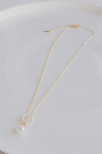 Diamanté Circle & Pearl Gold Necklace